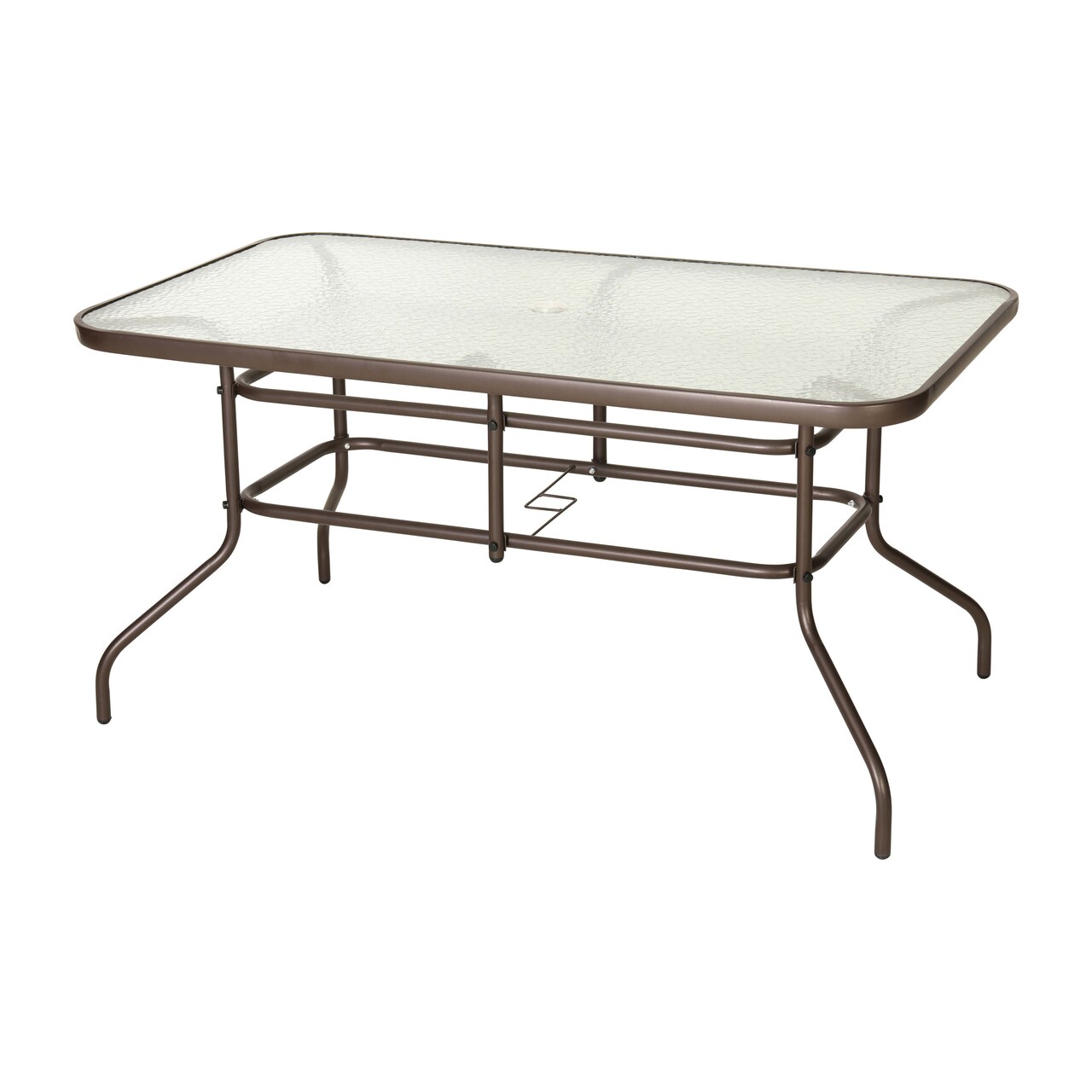 Emma and Oliver 31.5" x 55" Rectangular Tempered Glass Metal Table with Umbrella Hole